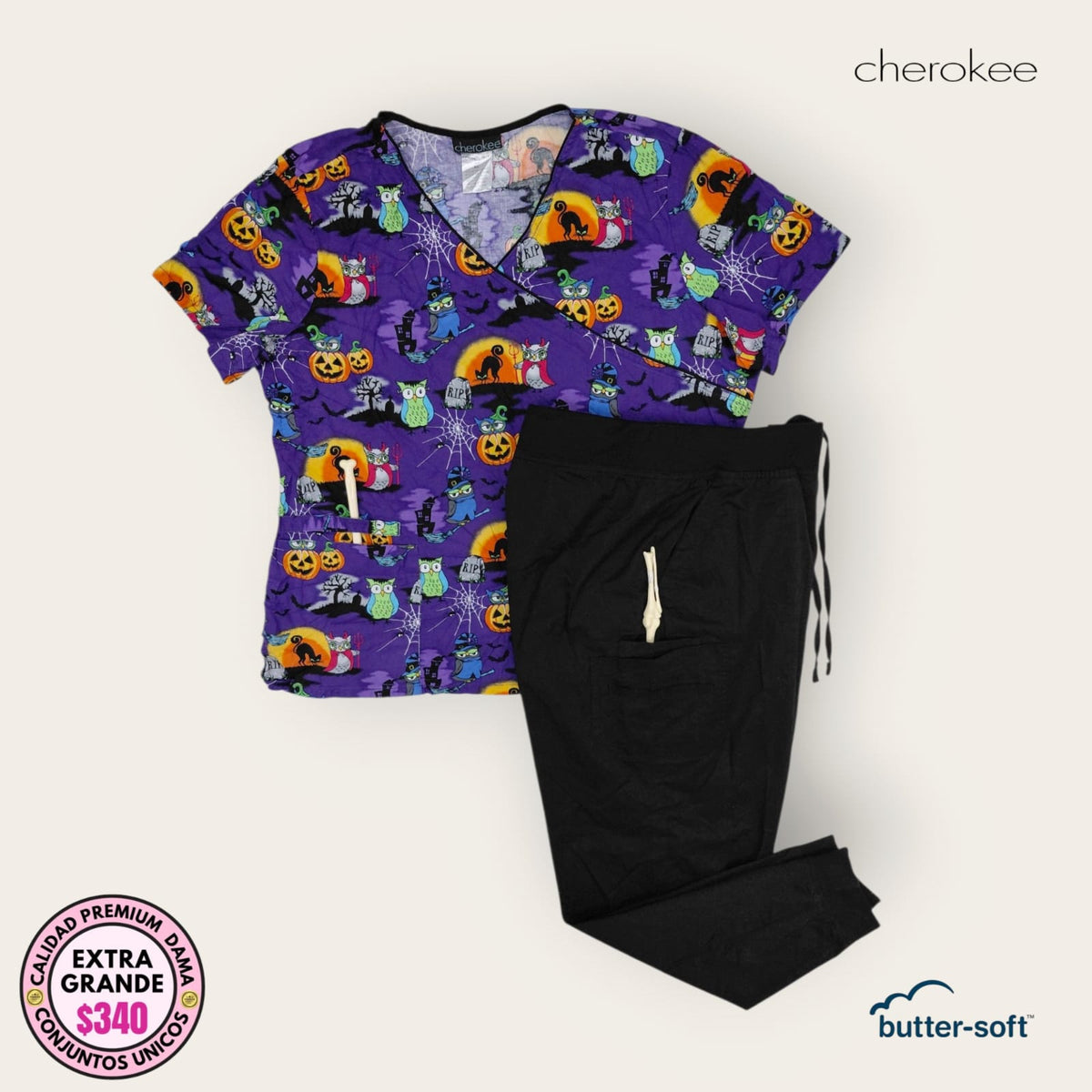 Conjunto médico Cherokee Halloween y negro, talla extragrande para dama, disponible en Uniformes MID.