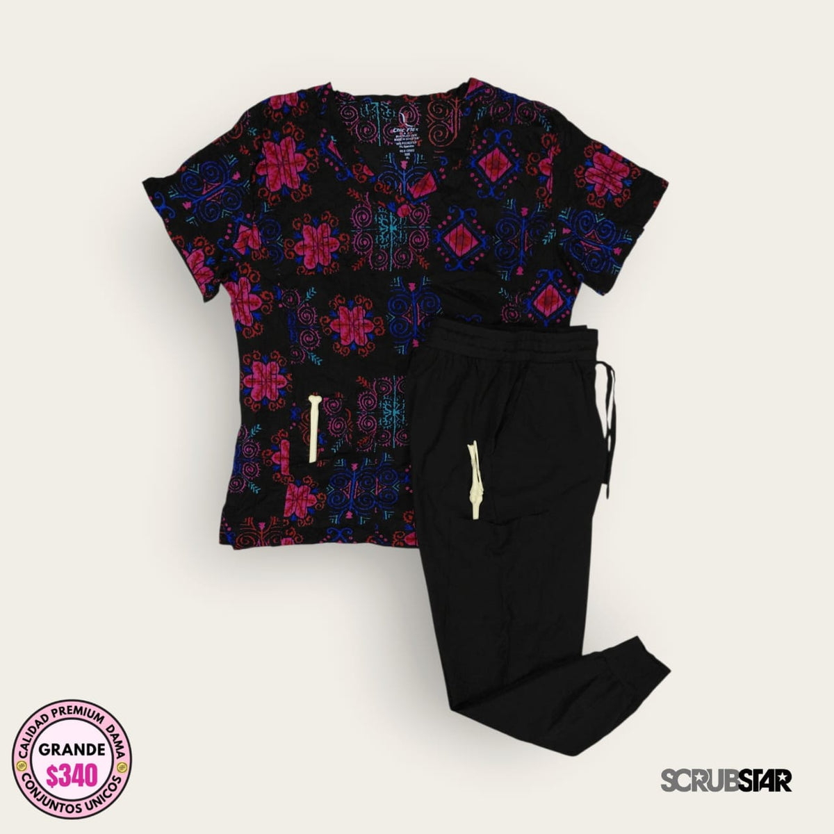 Conjunto médico premium Scrubstar color multicolor y negro para dama talla L