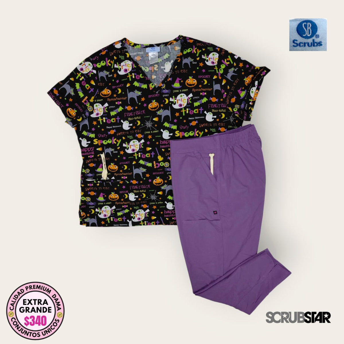 Conjunto médico Scrubstar estampado multicolor con pantalón lavanda | Dama XL