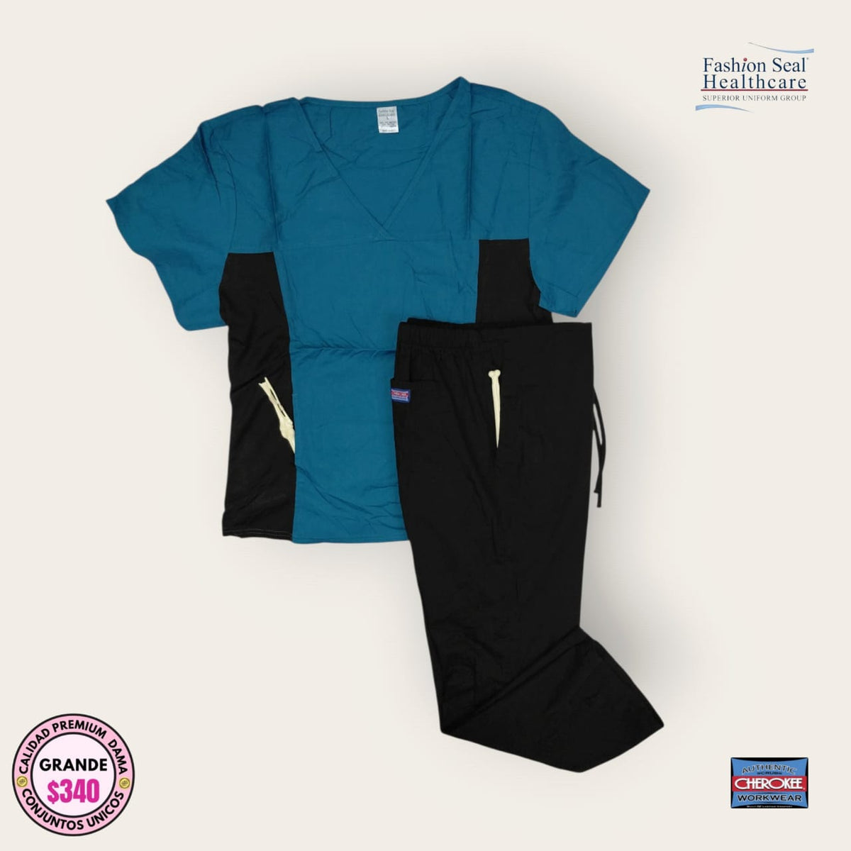 Conjunto médico premium Fashion Seal y Cherokee color azul petróleo y negro para dama talla L