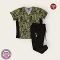 Conjunto médico Divine Stretch estampado amarillo y negro con pantalón negro | Dama XL