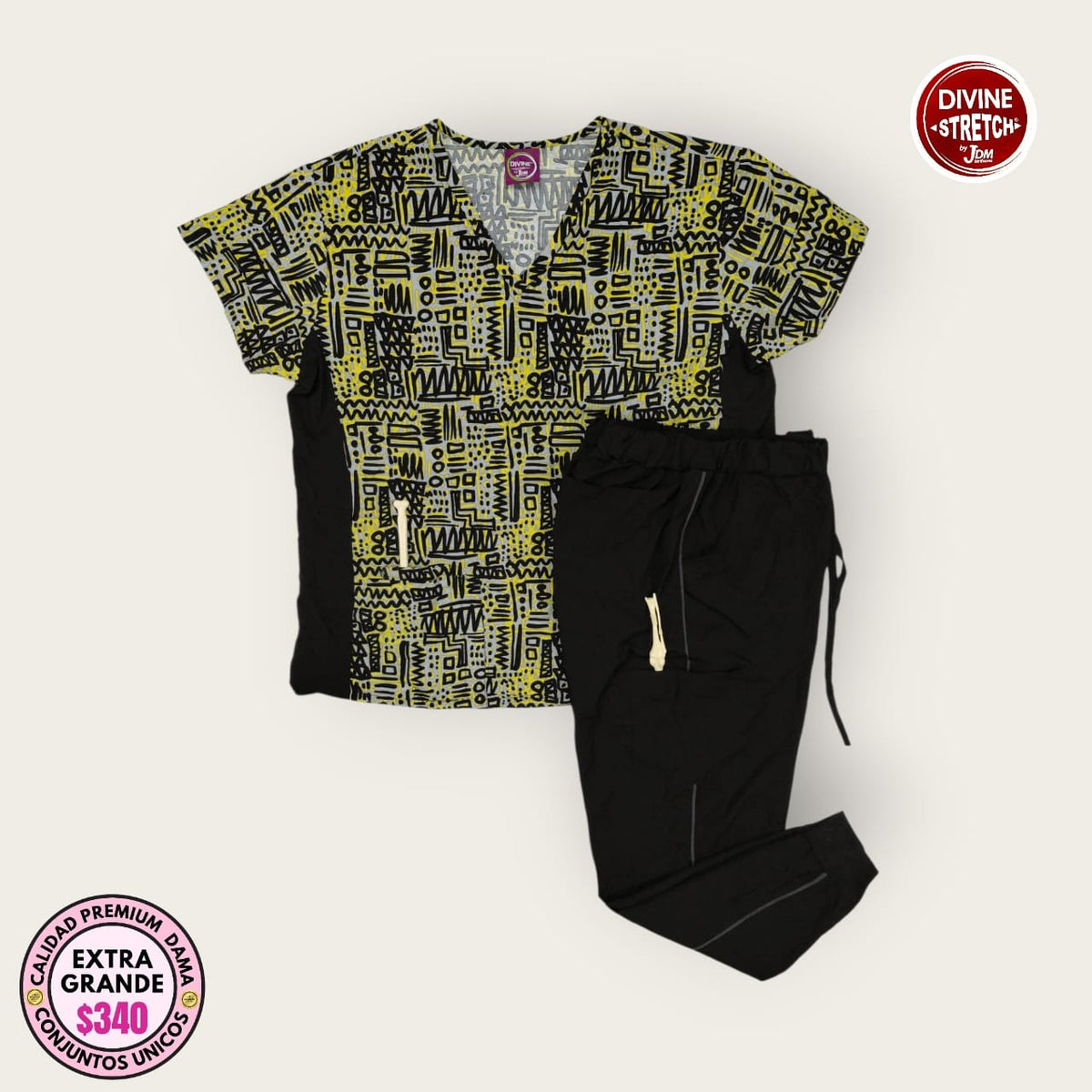 Conjunto médico Divine Stretch estampado amarillo y negro con pantalón negro | Dama XL