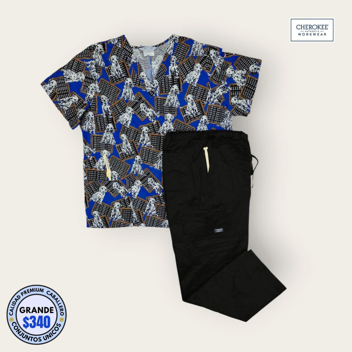 Conjunto médico Cherokee estampado dálmatas y negro, talla grande para caballero, línea Premium de Uniformes MID.