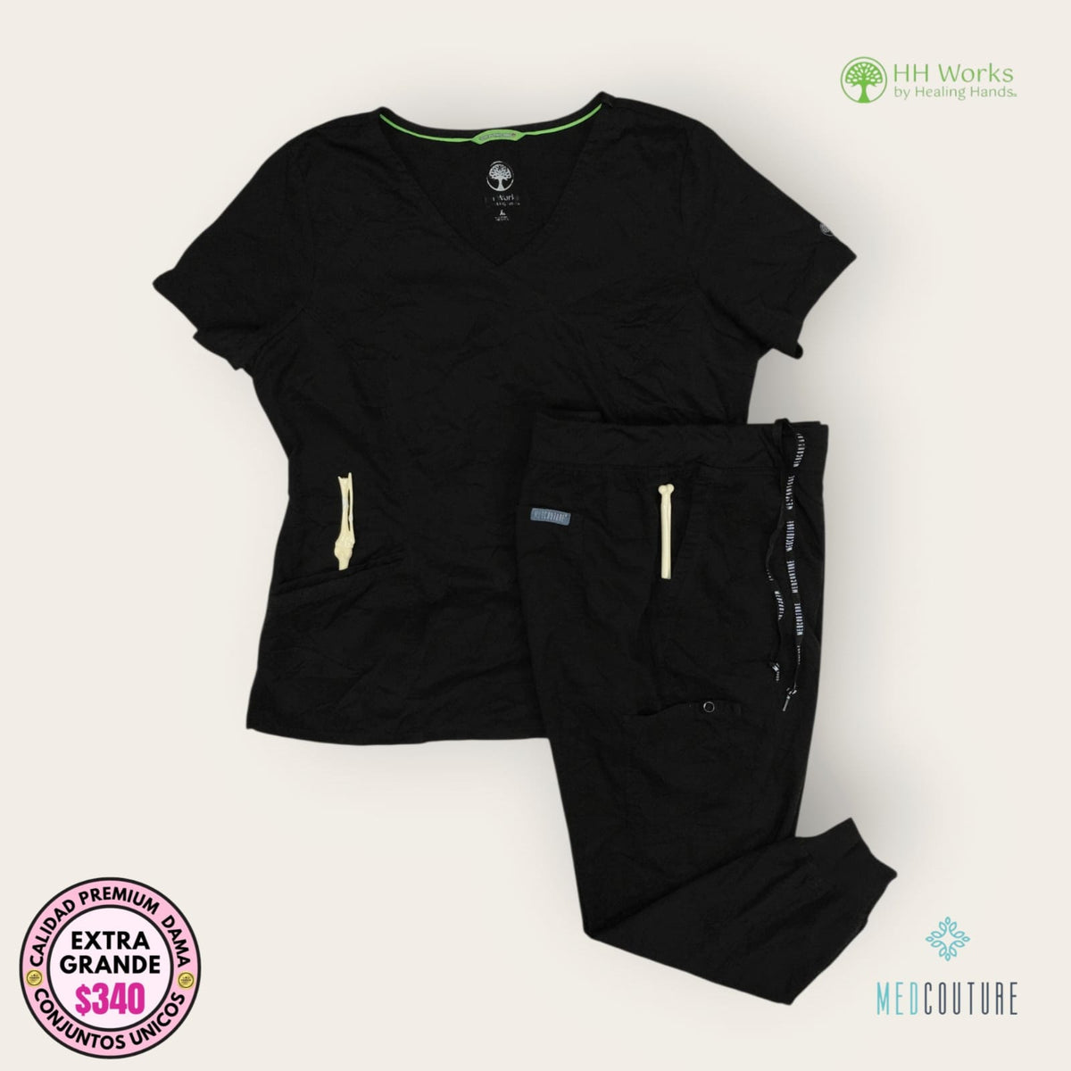 Conjunto médico HH Works y MedCouture negro, talla extragrande para dama, disponible en Uniformes MID.