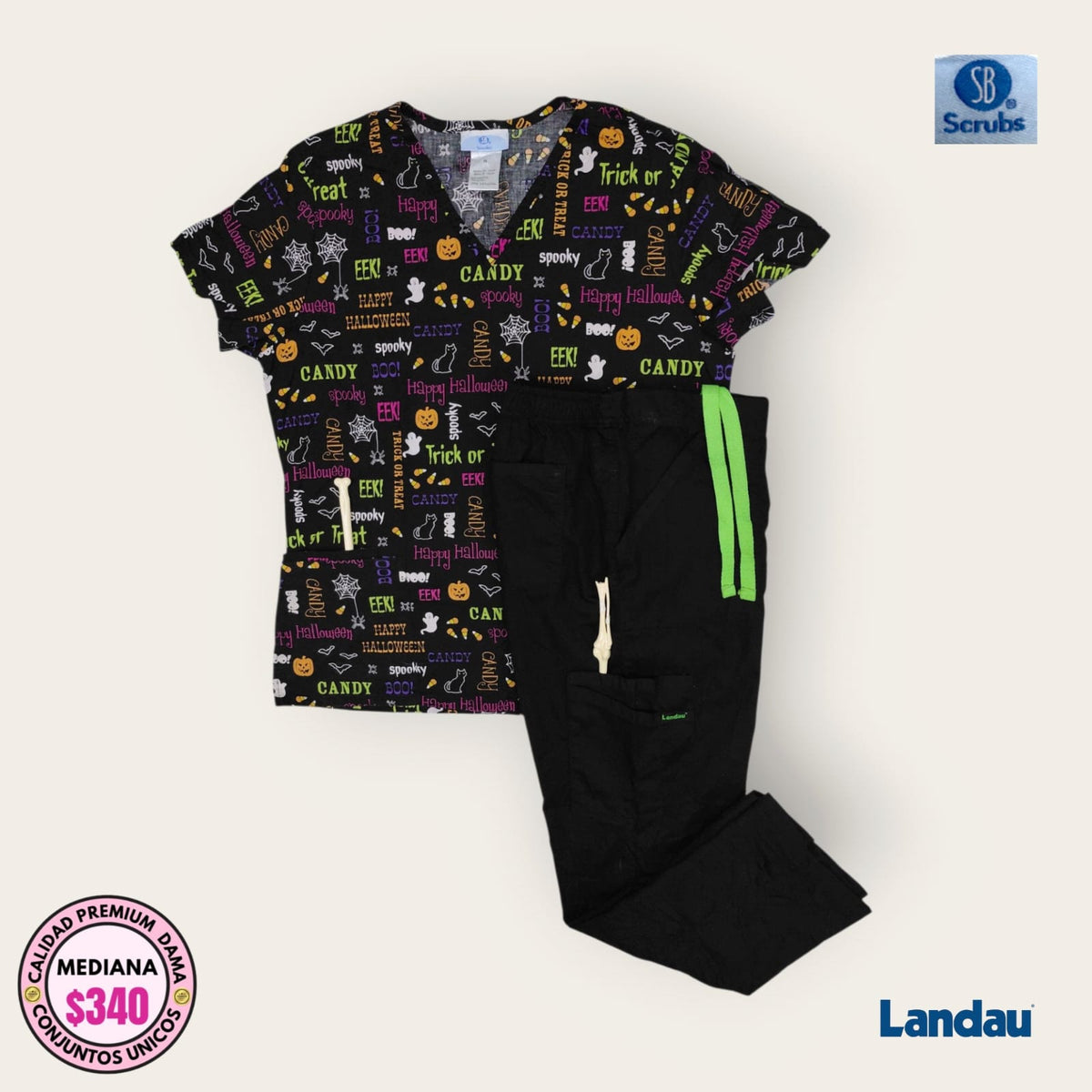 Conjunto médico Halloween SB Scrubs y Landau, talla mediana para dama; vista de la prenda disponible en Uniformes MID.