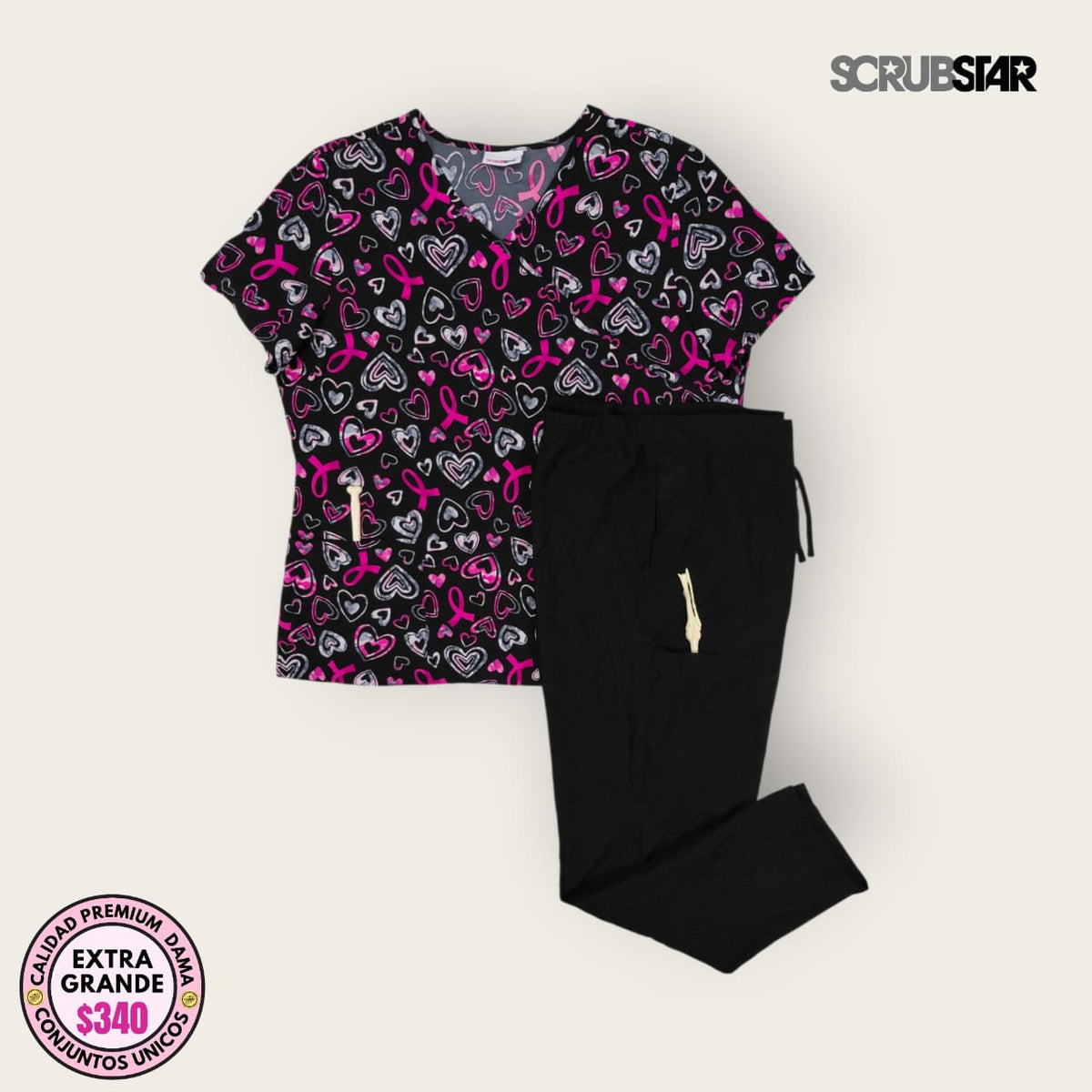 Conjunto médico Scrubstar estampado rosa con pantalón negro | Dama XL