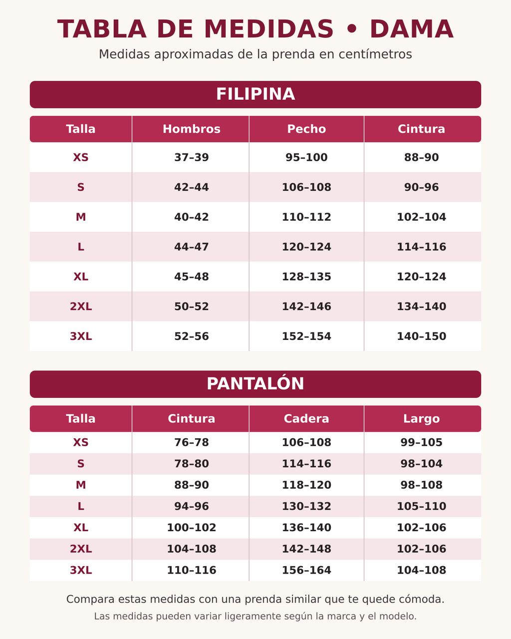 Tabla de medidas para dama