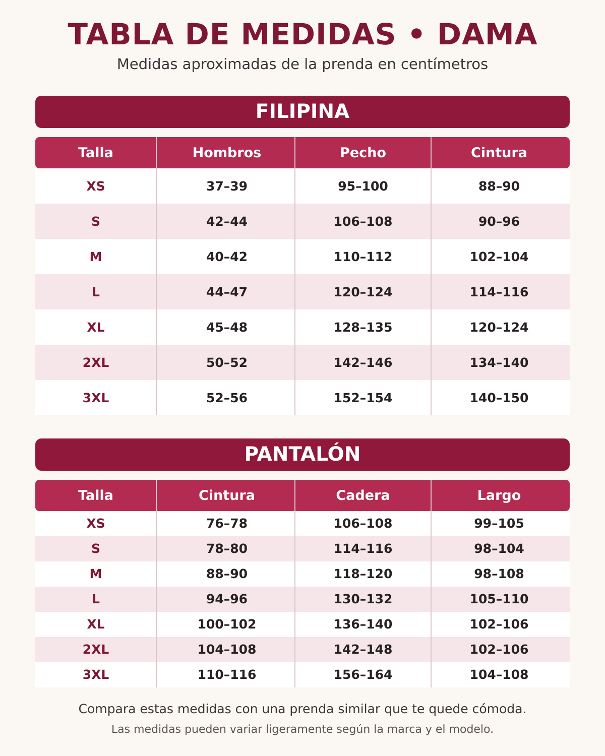 Tabla de medidas para dama